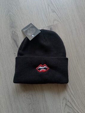 Chrome Hearts Black Knit Beanie with Red Lip Embroidery - Men's Accessory